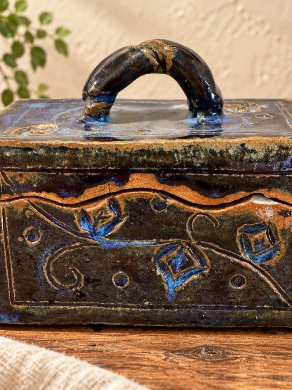 Vintage Studio Pottery Lidded Box, Hand Built Blue Brown Ceramic Keepsake Box, A